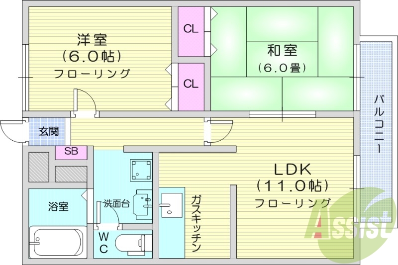 2LDK、エアコン、バストイレ別、プロパン