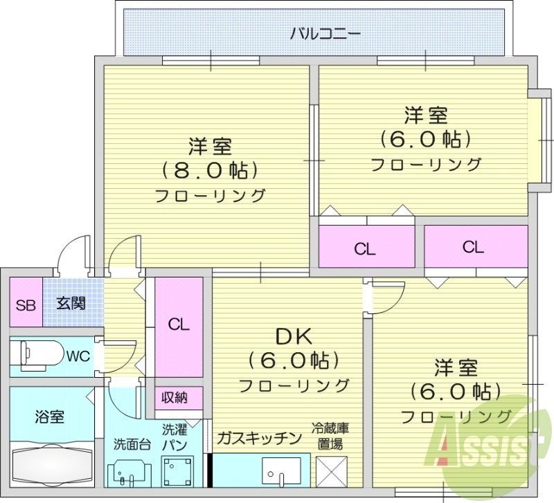 ３DK、角部屋、独立洗面台、フローリング、エアコン、南向き