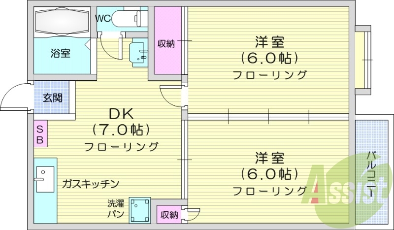 2DK、駐車場無料、日当たり良好　　　　