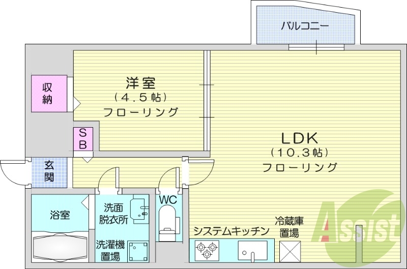 1LDK、バストイレ別、エアコン、オートロック、バルコニー