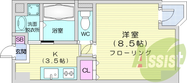 1K、都市ガス、光ファイバー、バストイレ別
