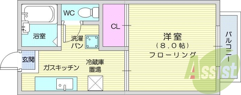 １K、バストイレ別、エアコン、バルコニー、フローリング