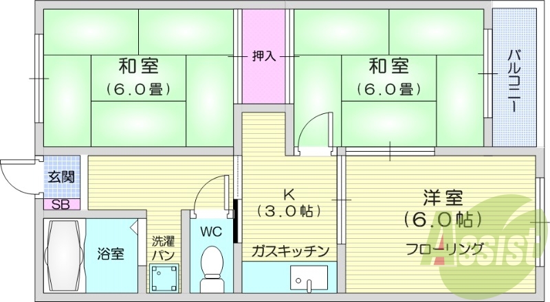 3K、エアコン、室内洗濯機置場、トイレ浴室別、収納