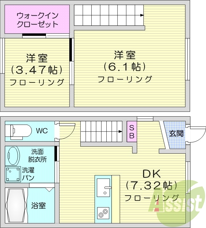 2DK、オール電化、メゾネット、ディンプルキー
