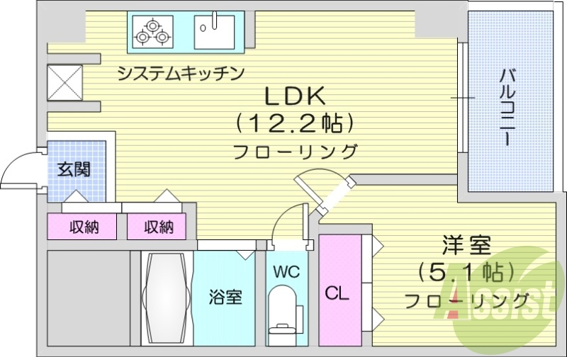 1LDK、システムキッチン、追い焚き機能付き