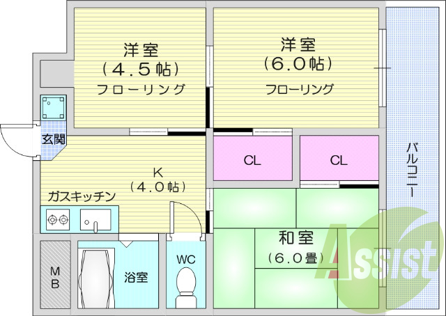 3K、バストイレ別、エアコン、バルコニー、給湯