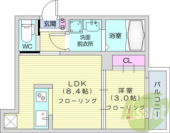 1LDK、エアコン、室内洗濯機置場、トイレ浴室別、収納
