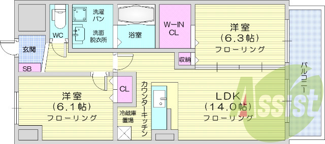 2LDK、南向き、日当たり良好、バストイレ別、追い焚き機能有