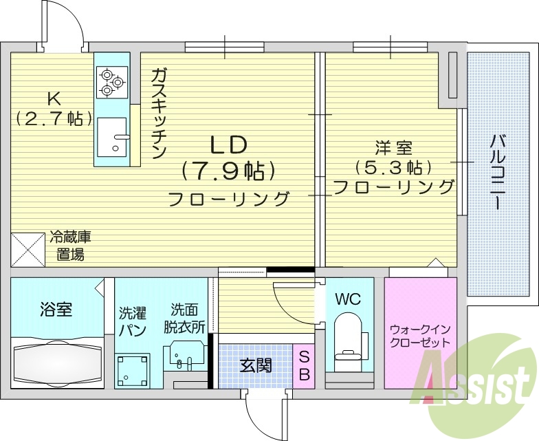 1LDK、ウォークインクローゼット、カウンターキッチン。