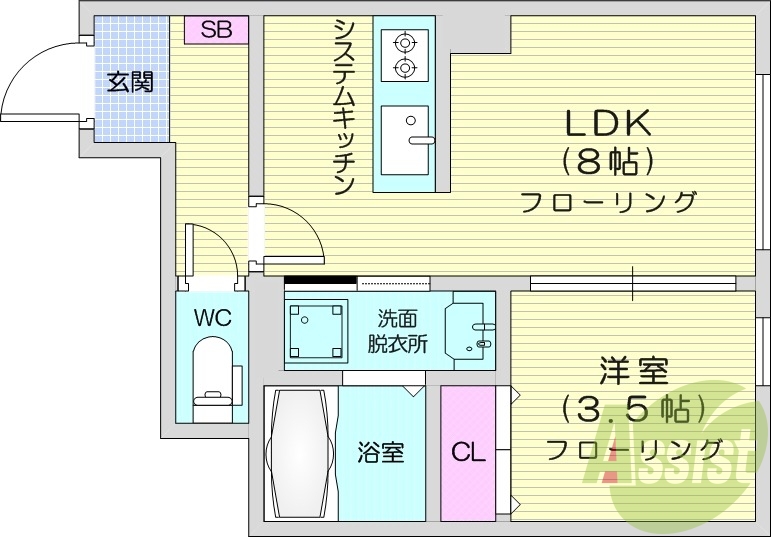 1LDK、ネット使用料無料、新築、バス・トイレ別、エアコン