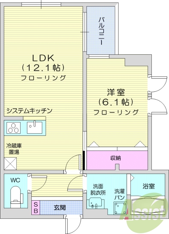 1LDK、システムキッチン、バルコニー、東向き、