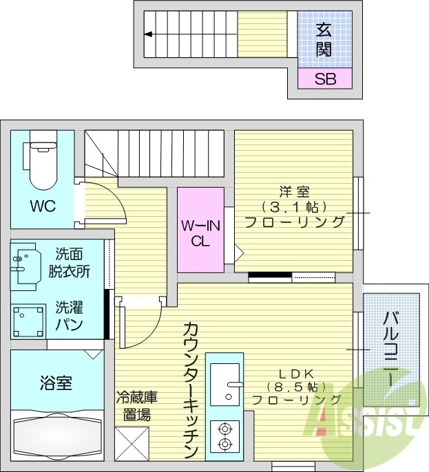1LDK、ウォークインクローゼット、２口コンロ、浴室乾燥機
