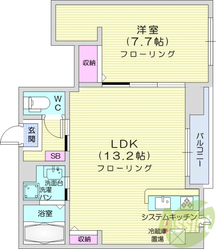 1LDK、都市ガス、事務所使用可、エアコン2基、3口IH