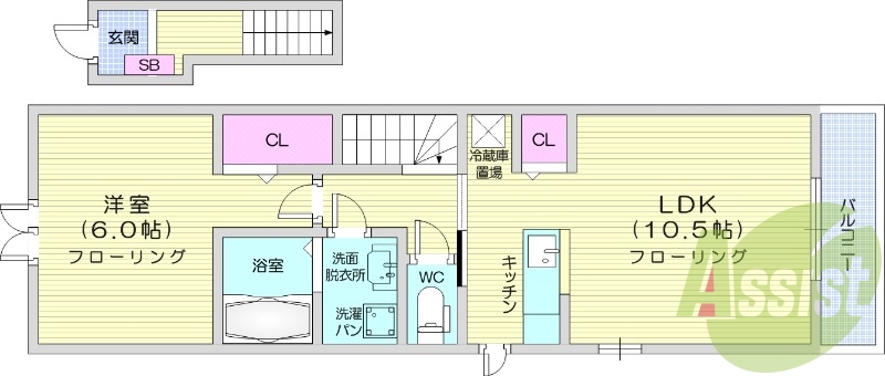 1LDK、モニター付きインターホン、バストイレ別