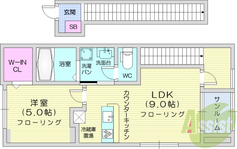 1LDK、バストイレ別、室内洗濯機置場、浴室乾燥機、