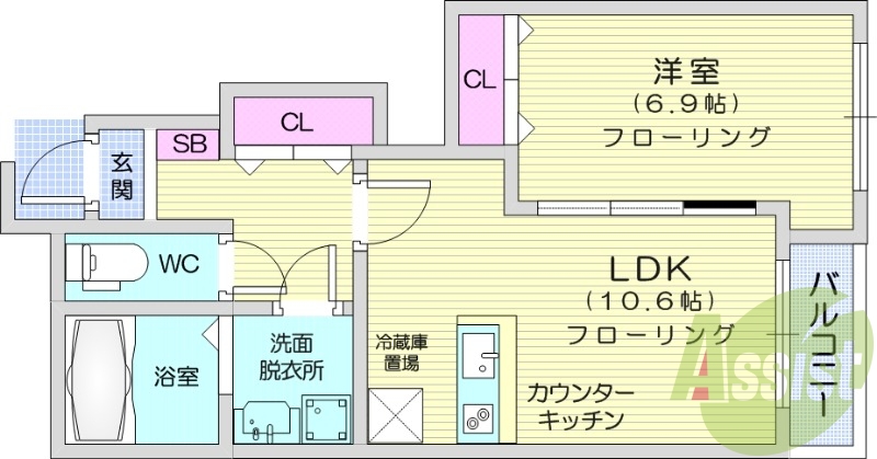 1LDK、フローリング、エアコン、バルコニー、追い焚き