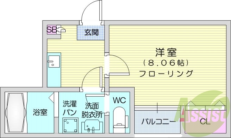 1K、南東向き、バス・トイレ別、エアコン、バルコニー