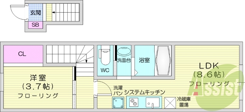 1LDK、デザイナーズ、システムキッチン、独立洗面台