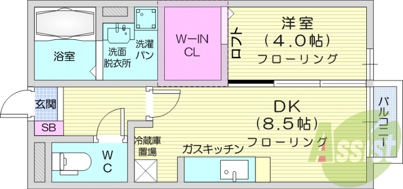 1DK、追い焚き、シャワートイレ、室内洗濯機置き場、エアコン