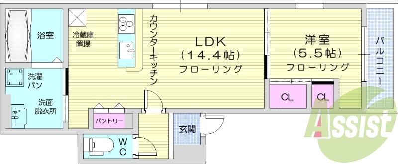 1LDK、パントリー、バストイレ別、システムキッチン