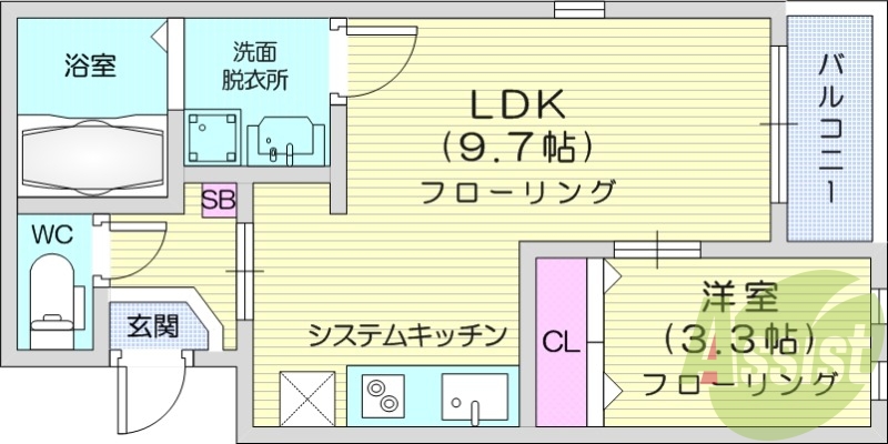 1LDK、オートロック、浴室乾燥機、エアコン。