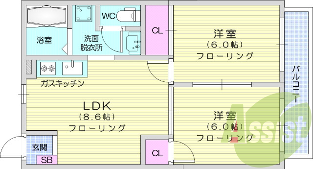 2DK、バス・トイレ別、独立洗面台、シューズボックス