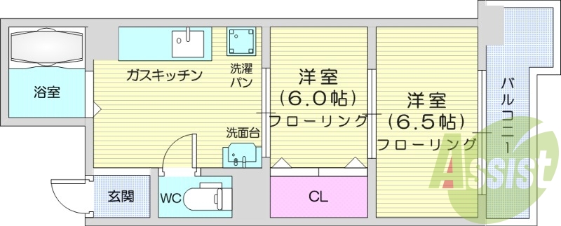 2K、フローリング、バルコニー、クローゼット。