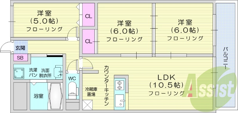 3LDK、追い焚き機能、独立洗面台、都市ガス
