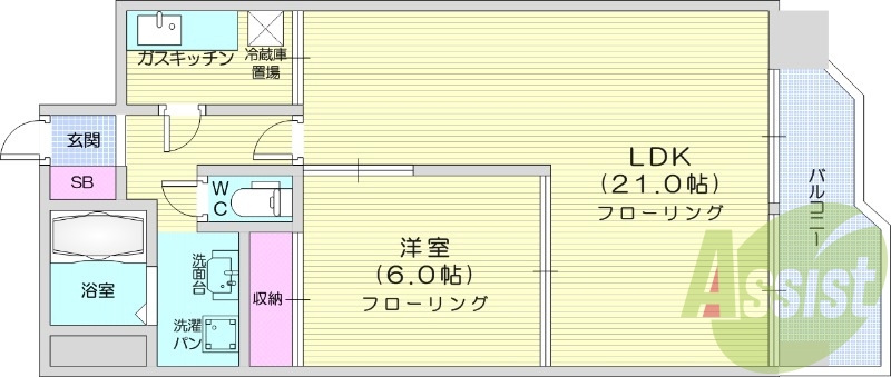 1LDK、南向き、追い焚き機能付き、温水洗浄便座