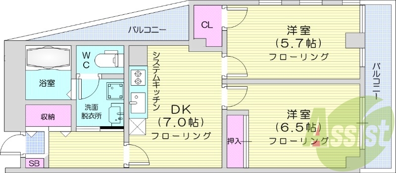 2DK、角部屋、インターネット対応、オートロック
