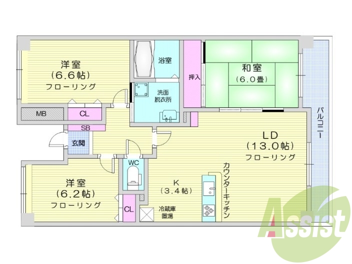 日当たりの良い3LDK。オートロック、エアコン付き。