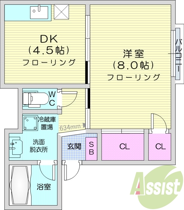 1DK、フローリング、都市ガス、収納多め