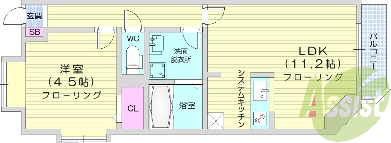 1LDK、バルコニー、浴室乾燥機、追い焚き給湯、西向き