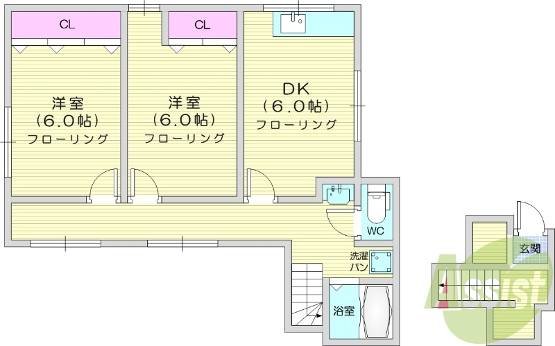 2DK、室内洗濯機置場、トイレ浴室別、収納、独立洗面台