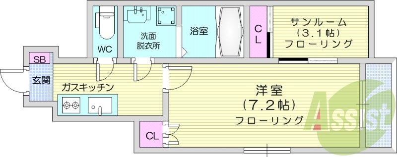 1SK、浴室乾燥機、追い焚き、洗面台独立、エアコン