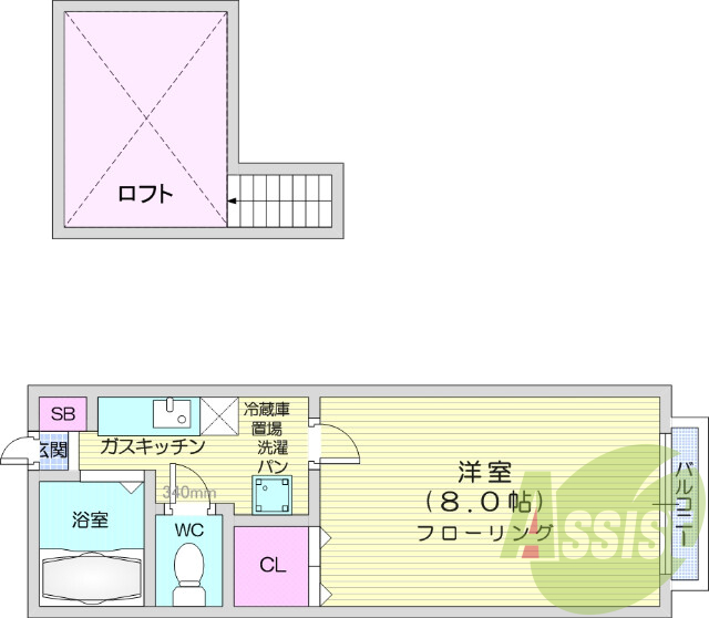 1K、ロフト、エアコン、バス・トイレ別、シューズボックス