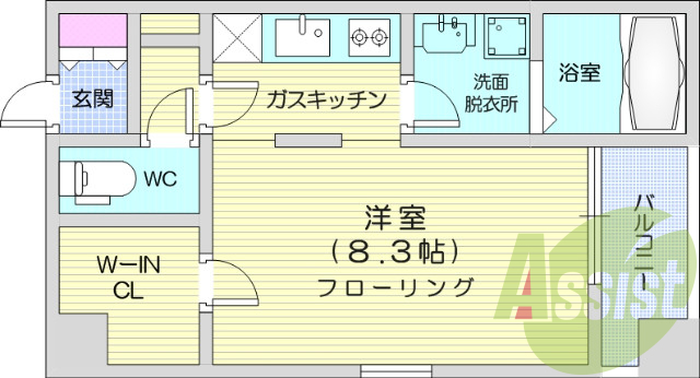 1K　角部屋　バストイレ別　IHコンロのシステムキッチン