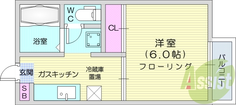 1K、CATV、バストイレ別、バルコニー