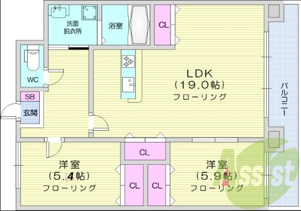 2LDK、オートロック、カメラ付きインターフォン