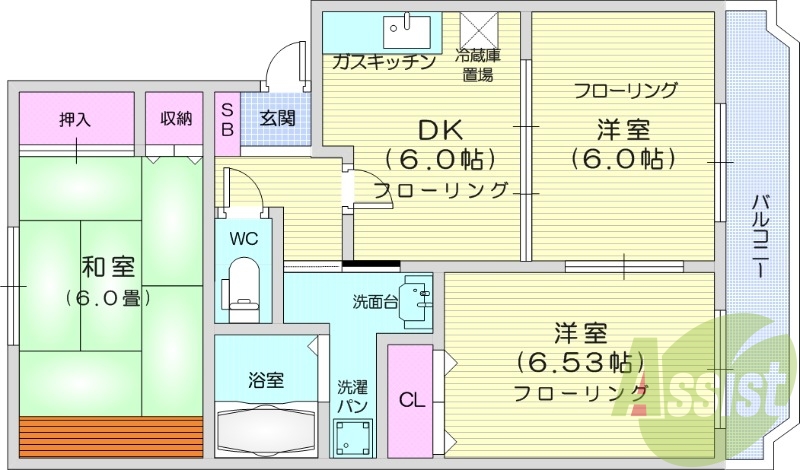 3DK、室内洗濯機置場、バストイレ別