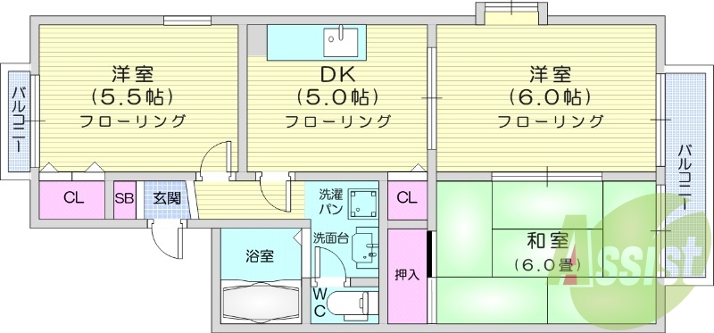 3DK、トランクルーム、独立洗面台、追い炊き機能