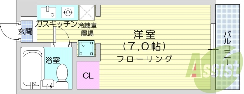 １Ｋ、バルコニー、洗濯機室内、バストイレ同室