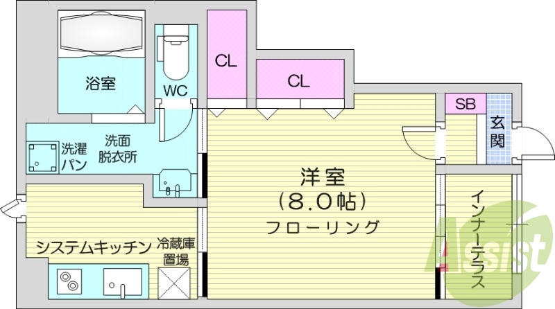 1K、ペット飼育可能、インナーテラス、エアコン。
