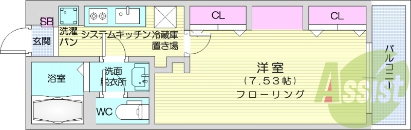 1K、浴室乾燥機、エアコン、バルコニー。