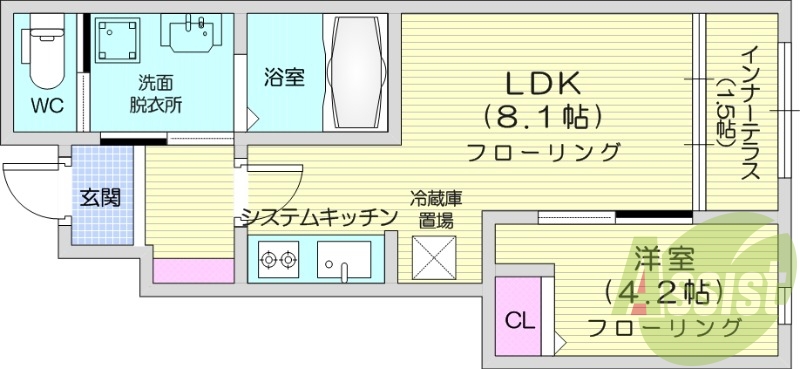 1LDK、インターネット無料、浴室乾燥付き