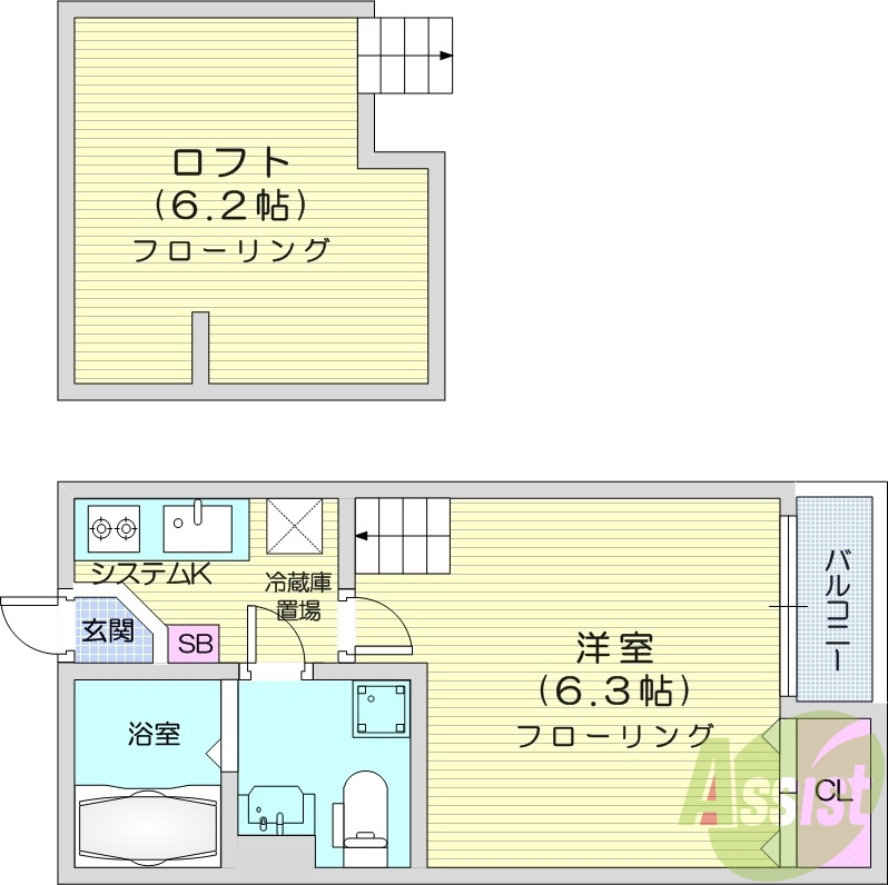 1K、ロフト、独立洗面台、バルコニー、ウォシュレットトイレ