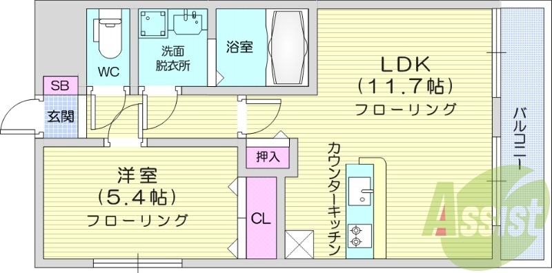 1LDK、バルコニー付き、独立洗面化粧台、バストイレ別