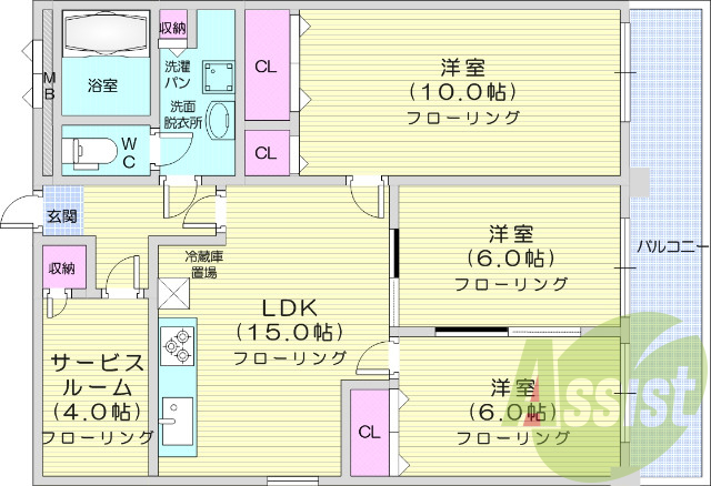 写真は別号室です。バルコニー、洗面所独立、洗濯機置き場室内