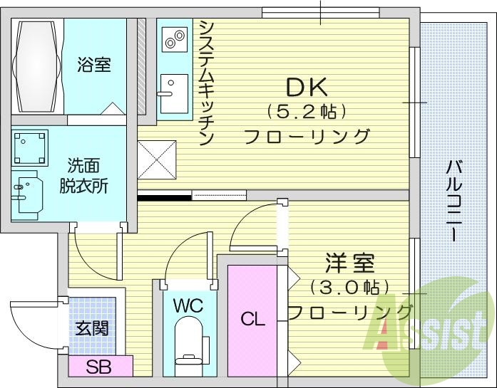 1DK、2面採光、システムキッチン、IHヒーター、エアコン