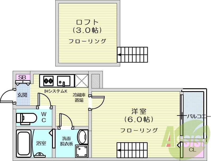 1Ｋ、ロフト、浴室乾燥機、ＴＶインターホン、エアコン、追炊き